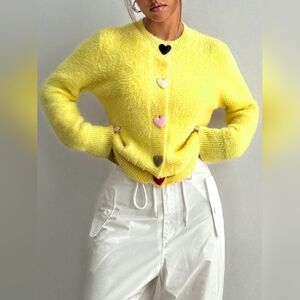 Women's Yellow Fuzzy Heart Button Down Cardigan Sweater
